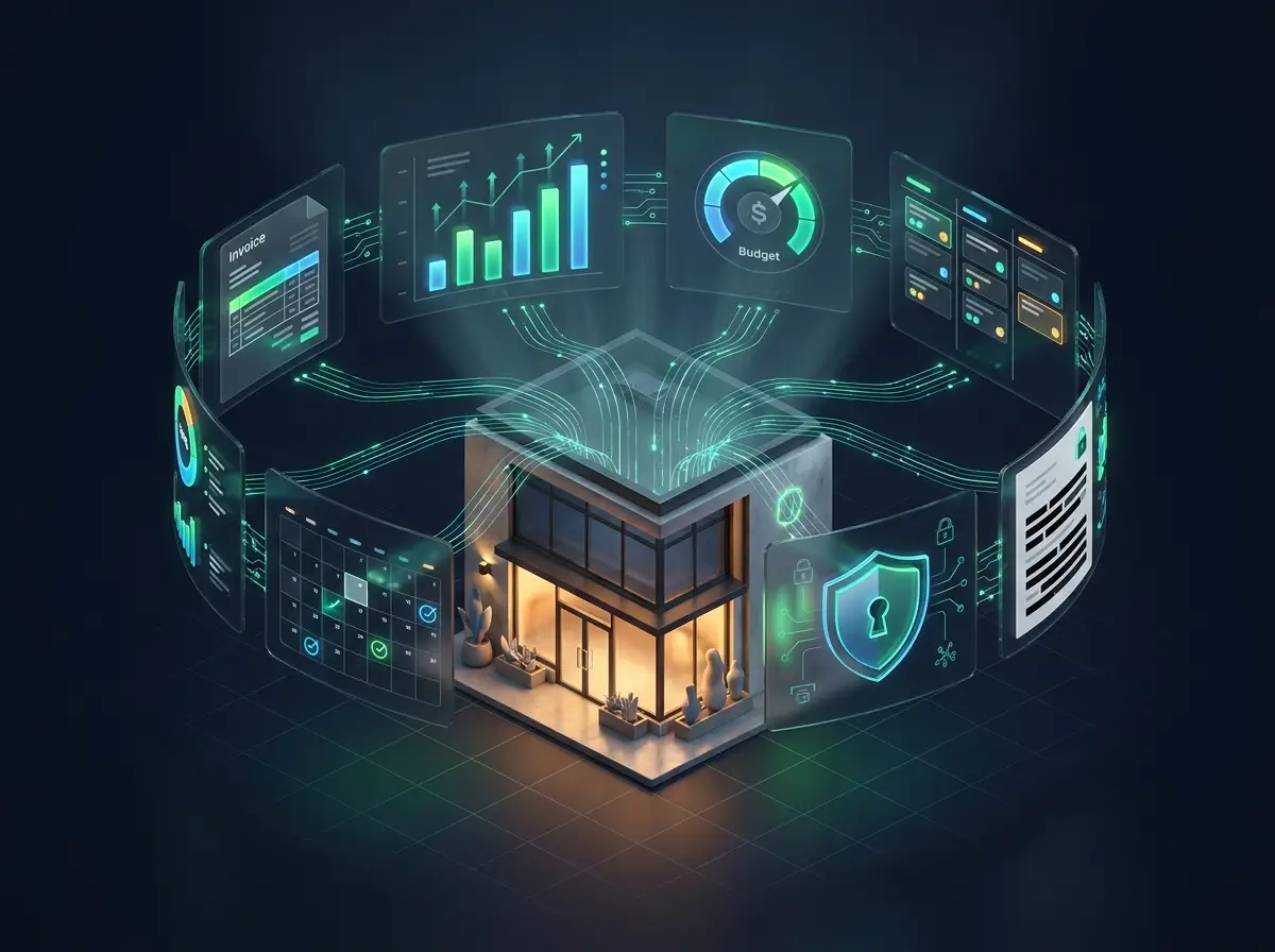 A small business at the centre of a ring of enterprise-grade tools — invoice analysis, spend charts, a budget gauge, a task board, a calendar, a security shield, and a redacted document — all feeding into one platform