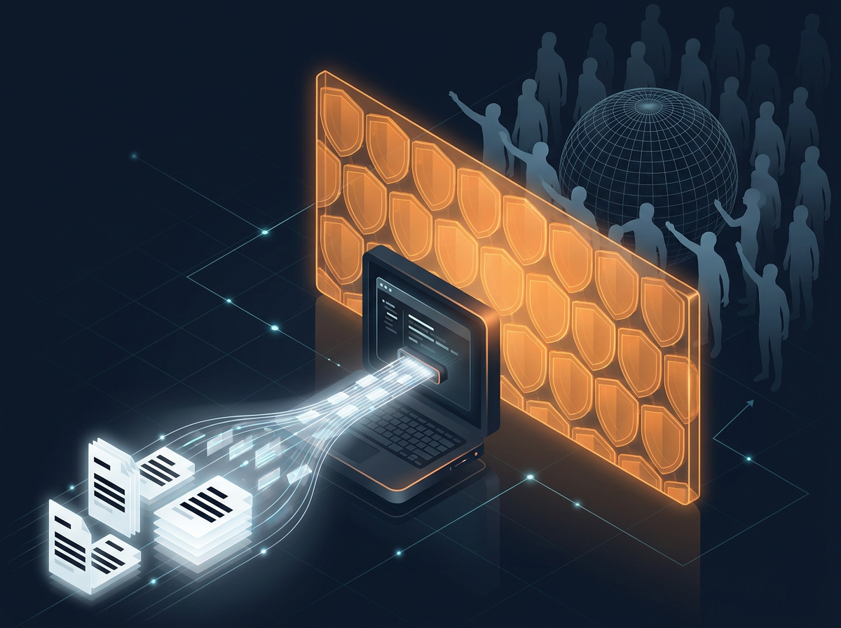 Documents flowing into a private AI, held behind a shield wall so they never reach the outside world